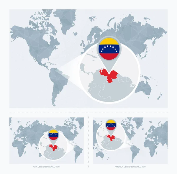 Dünya Haritası Üzerinde Büyütülmüş Venezuela Venezuela Haritası Bayrağı Ile Dünya — Stok Vektör