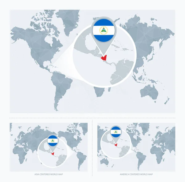 Ingrandimento Del Nicaragua Sulla Mappa Del Mondo Versioni Della Mappa — Vettoriale Stock