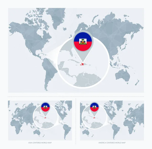 Haïti Élargie Sur Carte Monde Versions Carte Monde Avec Drapeau — Image vectorielle