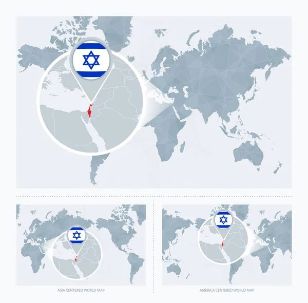 イスラエルを世界地図上に拡大し イスラエルの旗と地図で世界地図の3つのバージョン — ストックベクタ