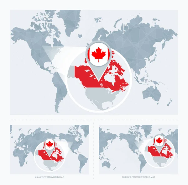 Ampliado Canadá Sobre Mapa Mundo Versões Mapa Mundial Com Bandeira — Vetor de Stock