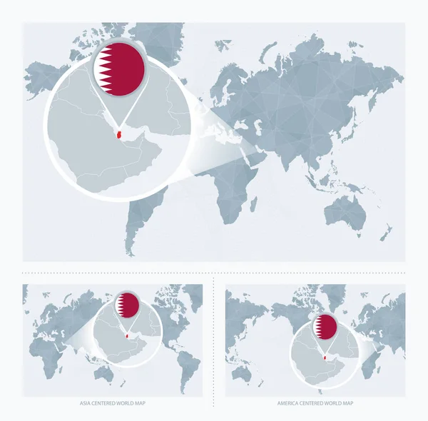 Ampliado Qatar Sobre Mapa Mundo Versões Mapa Mundial Com Bandeira —  Vetores de Stock