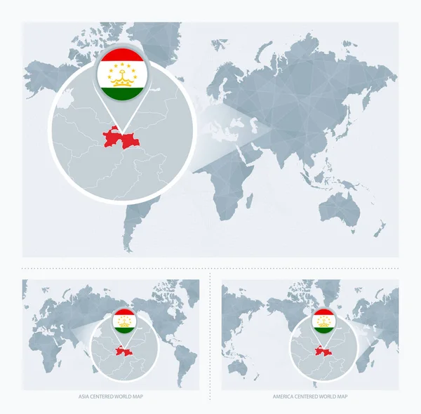 タジキスタンを世界地図上に拡大し 世界地図の3つのバージョンを旗とタジキスタンの地図で示す — ストックベクタ