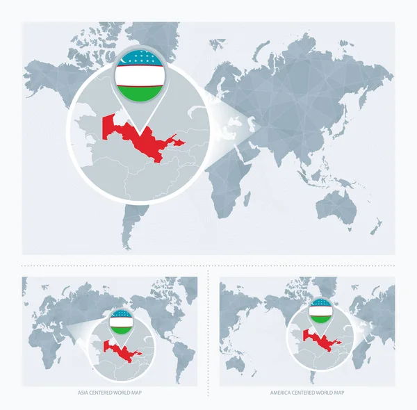 Vergrößertes Usbekistan Über Weltkarte Versionen Der Weltkarte Mit Flagge Und — Stockvektor
