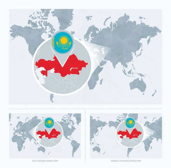 Vergroot Kazachstan Map World Versies Van World Map Met Vlag — Stockvector
