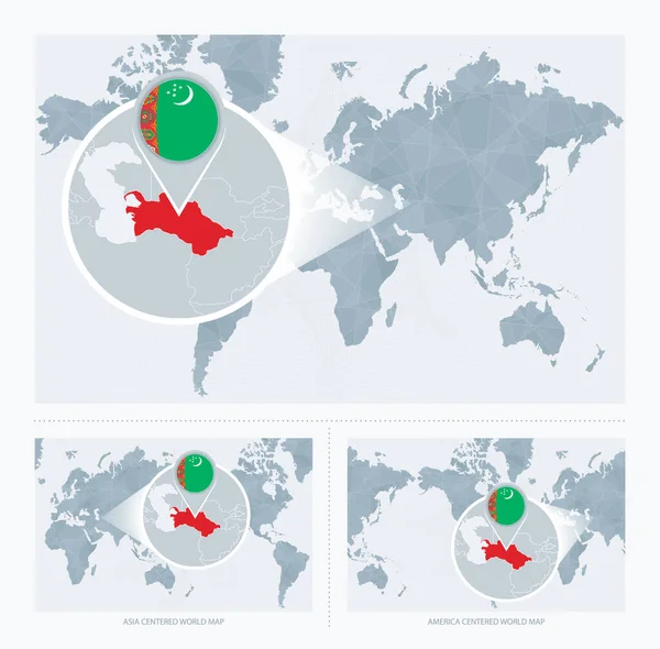 Powiększenie Turkmenistanu Mapie Świata Wersje Mapa Świata Flagą Mapą Turkmenistanu — Wektor stockowy