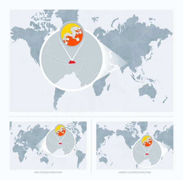 Butão Ampliado Sobre Mapa Mundo Versões Mapa Mundial Com Bandeira — Vetor de Stock