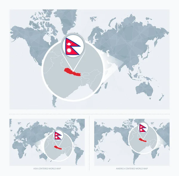 Nagyított Nepál Világ Térképe Felett Világtérkép Verziója Nepál Zászlajával Térképével — Stock Vector