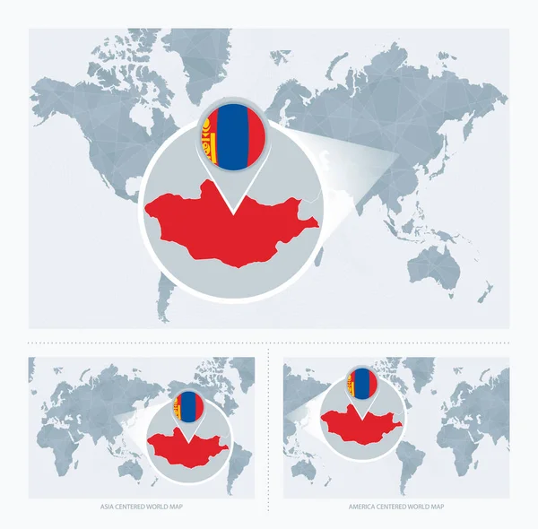 通过世界地图扩大蒙古版图 3个版本的世界地图 附有蒙古国旗和地图 — 图库矢量图片