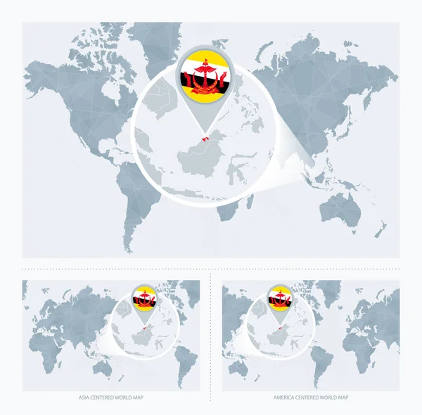 ブルネイを世界地図上に拡大し ブルネイの旗と地図を持つ世界地図の3バージョン — ストックベクタ