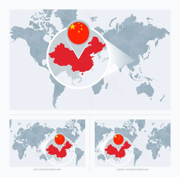 Vergrößertes China Über Weltkarte Versionen Der Weltkarte Mit Flagge Und — Stockvektor