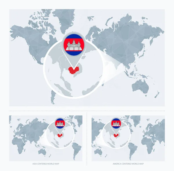 Camboya Magnificado Sobre Mapa Del Mundo Versiones Del Mapa Del — Vector de stock