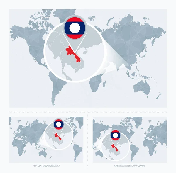 Laos Magnifié Sur Carte Monde Versions Carte Monde Avec Drapeau — Image vectorielle
