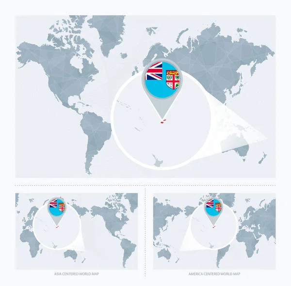 Fiji Magnificado Sobre Mapa Del Mundo Versiones Del Mapa Del — Vector de stock