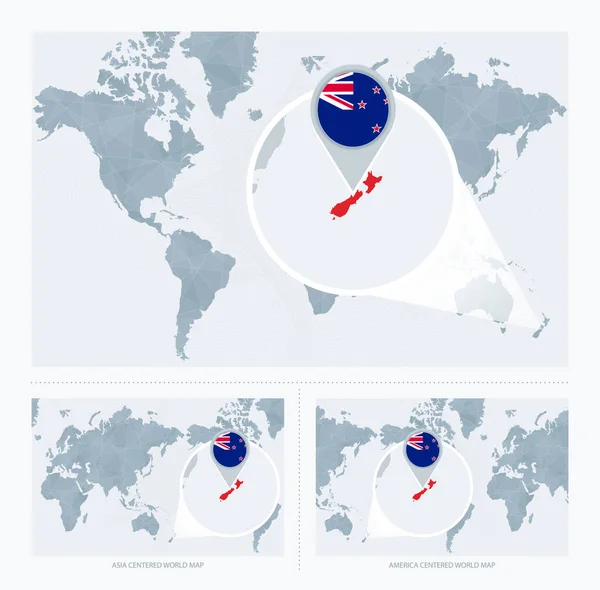 Magnificado Nueva Zelanda Sobre Mapa Del Mundo Versiones Del Mapa — Archivo Imágenes Vectoriales