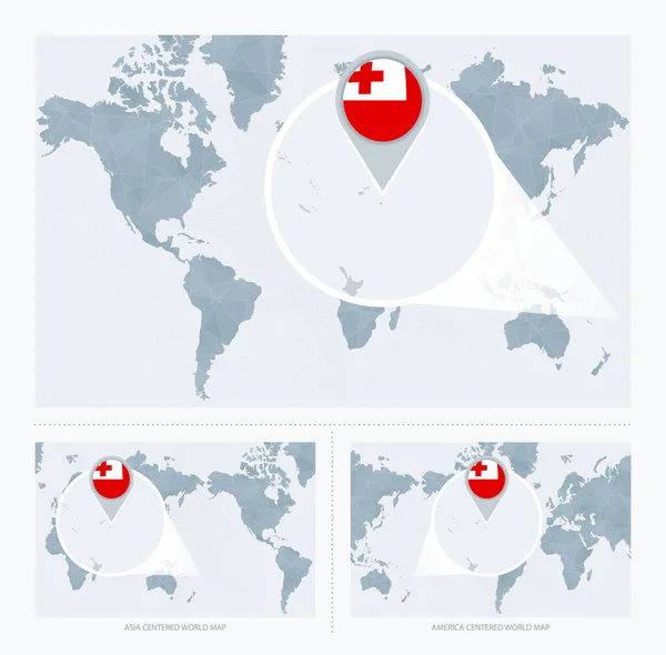 Tonga Magnificado Sobre Mapa Del Mundo Versiones Del Mapa Del — Archivo Imágenes Vectoriales