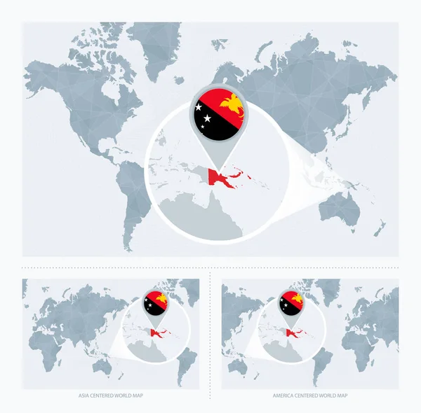 Magnificado Papúa Nueva Guinea Sobre Mapa Del Mundo Versiones Del — Vector de stock