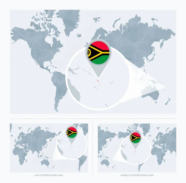 Vanuatu Magnifié Sur Carte Monde Versions Carte Monde Avec Drapeau — Image vectorielle