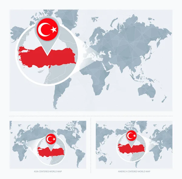 Turki Diperbesar Atas Peta Dunia Versi Peta Dunia Dengan Bendera - Stok Vektor