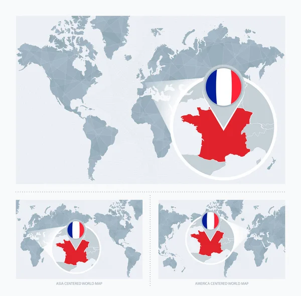 Vergrößertes Frankreich Über Weltkarte Versionen Der Weltkarte Mit Flagge Und — Stockvektor