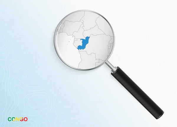 Lupa Con Mapa Del Congo Sobre Fondo Topográfico Abstracto — Vector de stock