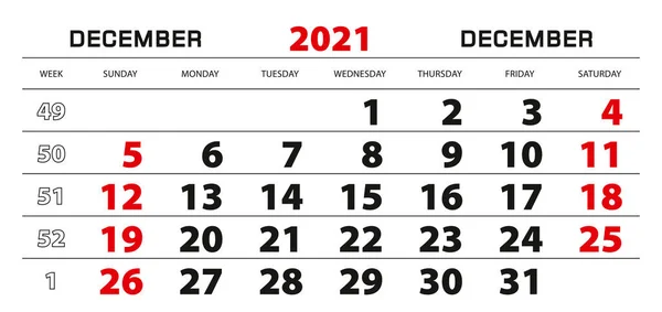 Väggkalender 2021 För December Vecka Start Från Söndag — Stock vektor