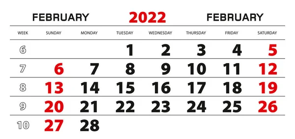 2022年2月のウォールカレンダー 日曜日から1週間 — ストックベクタ