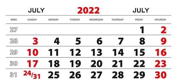 2022年7月のウォールカレンダー 日曜日から1週間 — ストックベクタ