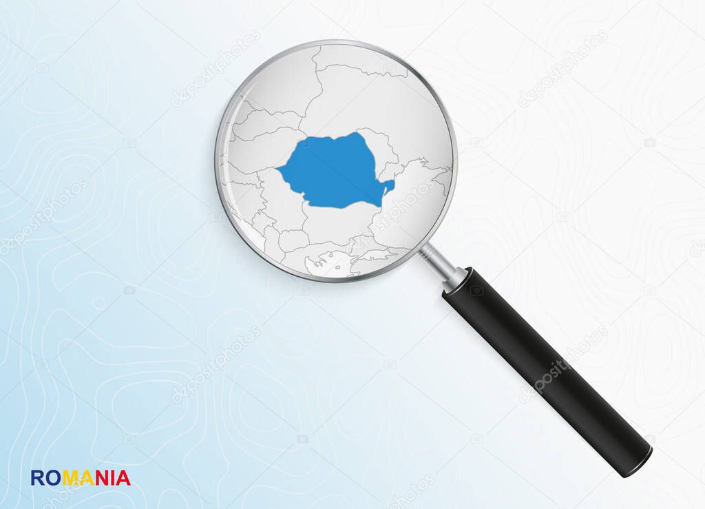 Magnifier with map of Romania on abstract topographic background.