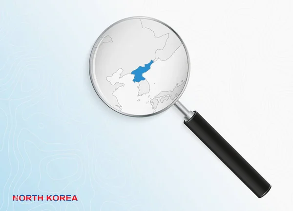 Lupa Com Mapa Coreia Norte Sobre Fundo Topográfico Abstrato — Vetor de Stock