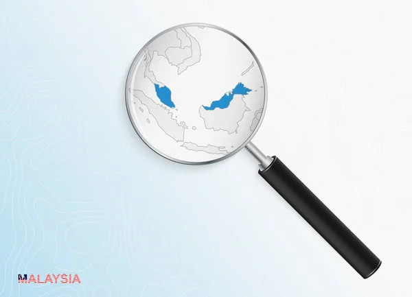 Lupa Con Mapa Malasia Sobre Fondo Topográfico Abstracto — Vector de stock