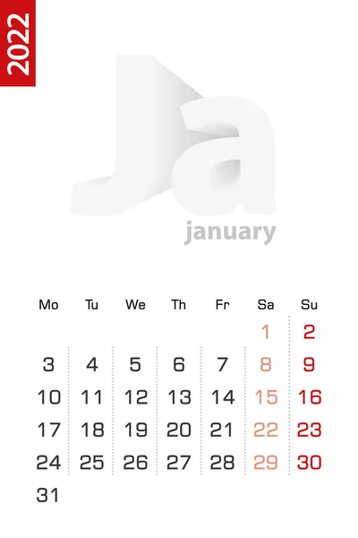 Minimalist Calendar Template January 2022 Vector Calendar English — Stock Vector