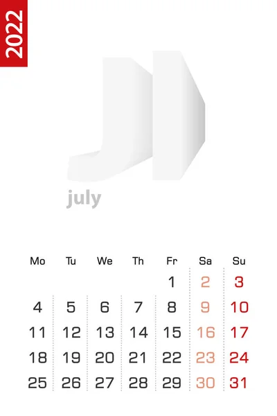 Минималистский Календарь Июль 2022 Года Векторный Календарь Английском Языке — стоковый вектор