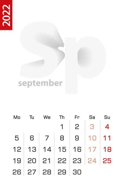 2022年9月最低日历模板 英文矢量日历 — 图库矢量图片