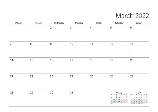 Marzo 2022 Planificador Calendario Simple Semana Comienza Desde Lunes — Vector de stock