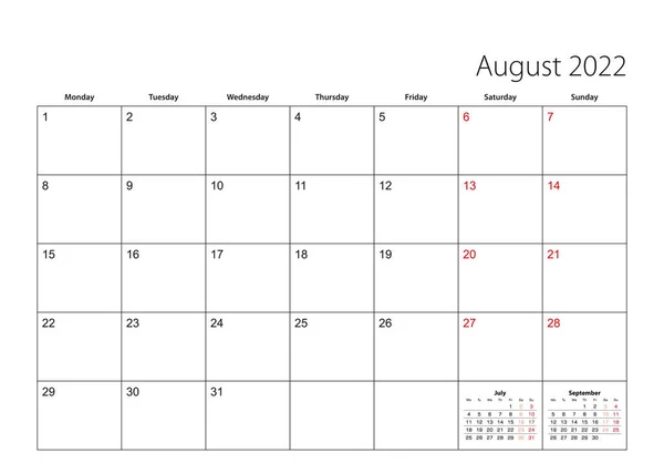 2022年8月カレンダープランナー 週は月曜日から始まります — ストックベクタ