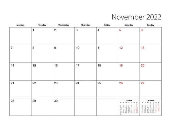 Noviembre 2022 Planificador Calendario Simple Semana Comienza Desde Lunes — Vector de stock