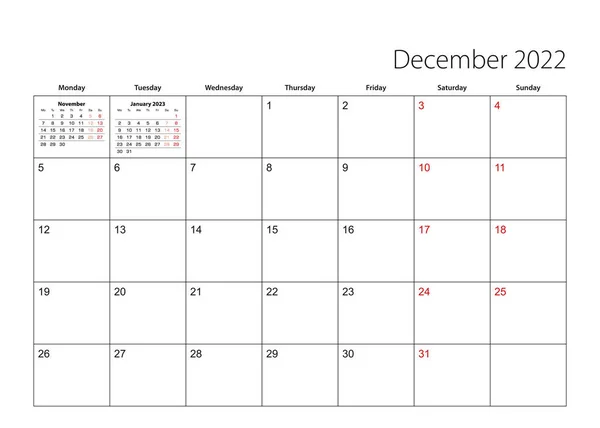 December 2022 Simple Calendar Planner Week Starts Monday — Stock Vector