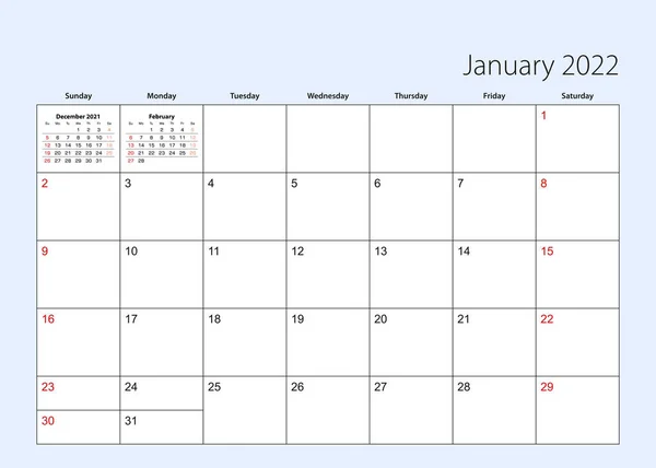 Wall Calendar Planner January 2022 English Language Week Starts Sunday — Stock Vector