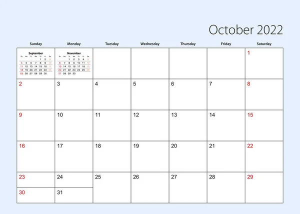 Plánovač Kalendáře Říjen2022 Anglický Jazyk Týden Začíná Neděle — Stockový vektor