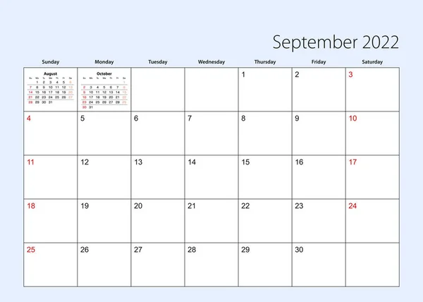 2022年9月のウォールカレンダープランナー 週は日曜日から始まります — ストックベクタ