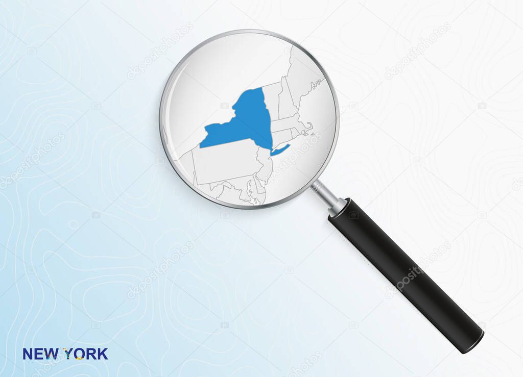 Magnifier with map of New York on abstract topographic background.