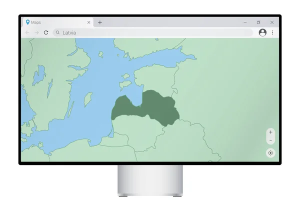在浏览器中安装有拉脱维亚地图的计算机监视器 在网络绘图程序中搜索拉脱维亚国家 — 图库矢量图片