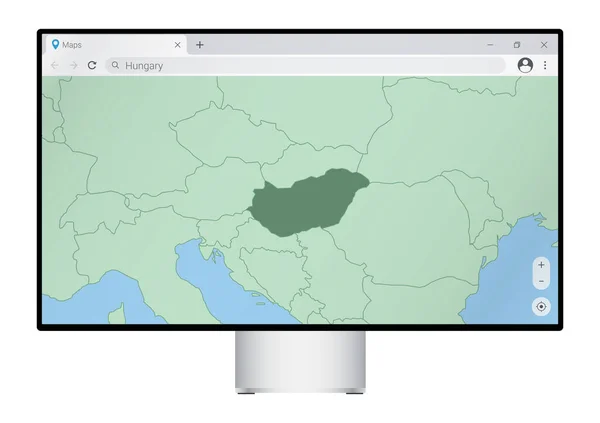 Computermonitor Mit Ungarn Karte Browser Suche Nach Ungarn Web Mapping — Stockvektor