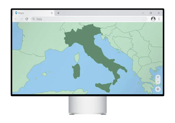 Монитор Картой Италии Браузере Поиск Страны Италии Картографической Программе — стоковый вектор