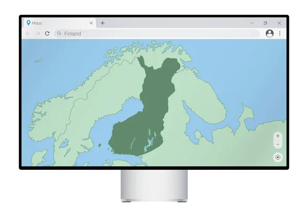Computer Monitor Met Kaart Van Finland Browser Zoeken Naar Het — Stockvector