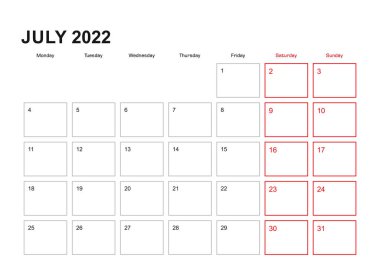 Temmuz 2022 tarihli İngilizce duvar planlayıcısı, hafta pazartesi günü başlıyor.