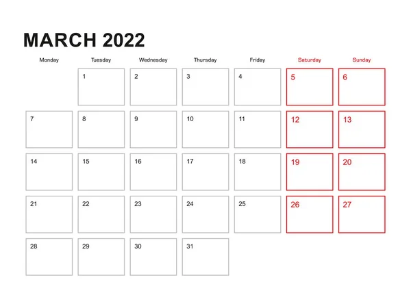 Wandplanner Voor Maart 2022 Het Engels Week Start Maandag — Stockvector