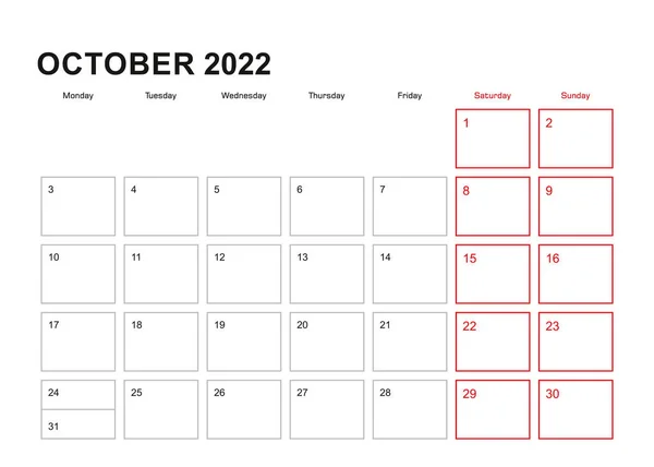 2022年10月の英語ウォールプランナー 週末は月曜日から始まります — ストックベクタ