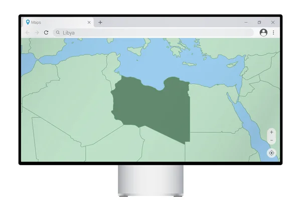 Monitor Computadora Con Mapa Libia Navegador Busque País Libia Programa — Archivo Imágenes Vectoriales